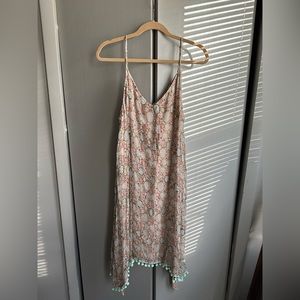 RAGA Pink Floral Midi Slip Dress with Mint Pom Trim